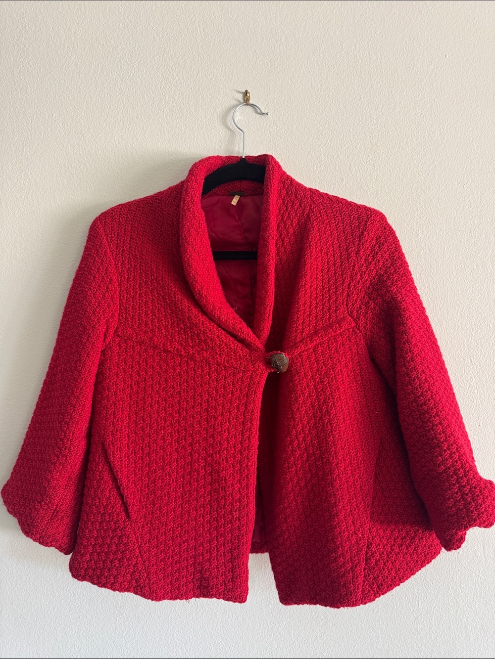 Free People Red Textured Shawl-Collar Pea Coat
